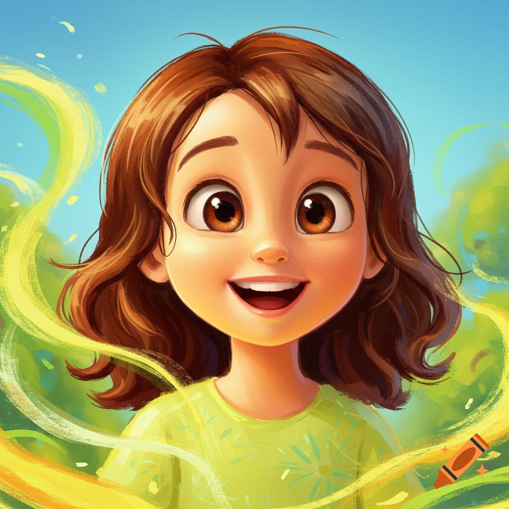 A cheerful cartoon girl with brown hair and big brown eyes smiles brightly against a blue sky with green foliage and yellow light streaks.