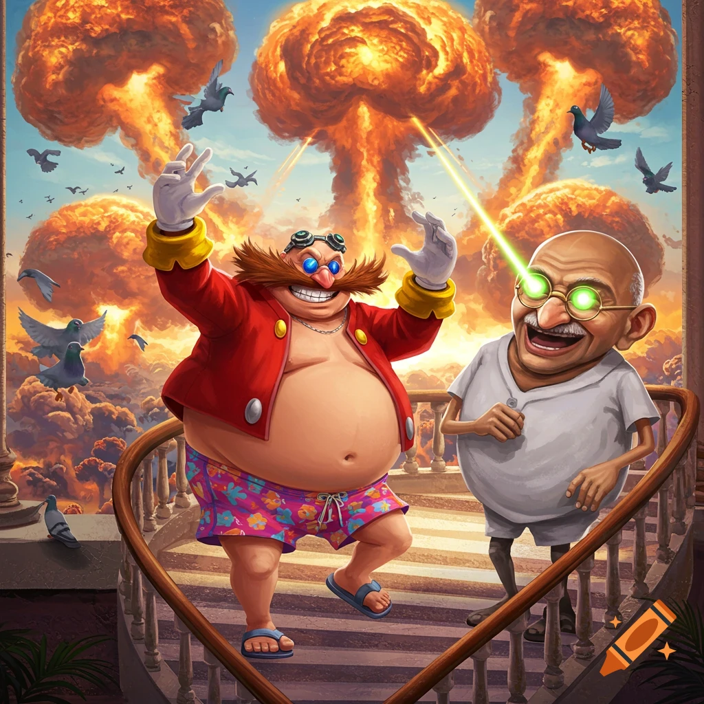 Cartoonish Dr. Eggman in swim trunks poses on stairs with laser-eyed Gandhi laughing, nuclear explosions and pigeons in background.