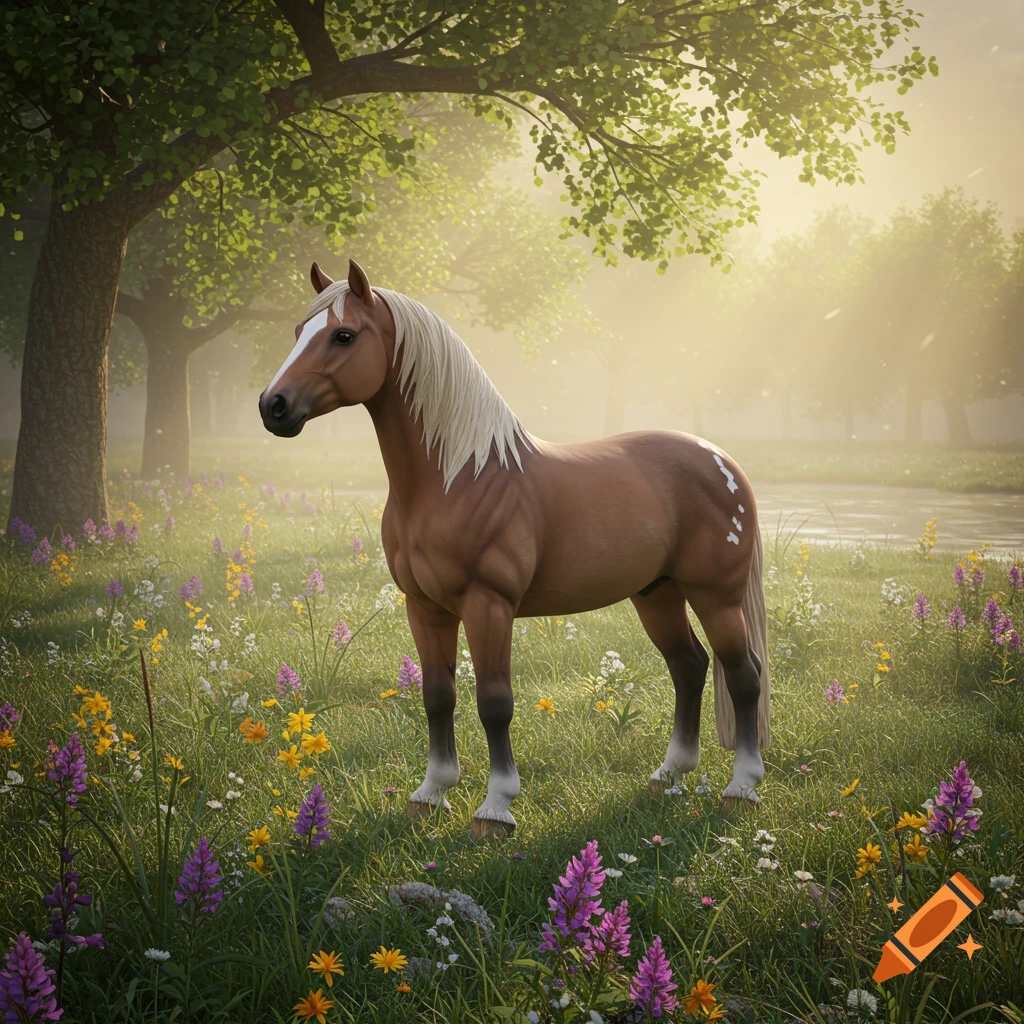 A photorealistic brown horse with a white mane stands in a sunlit meadow filled with purple and yellow wildflowers, with trees and a river in the background.