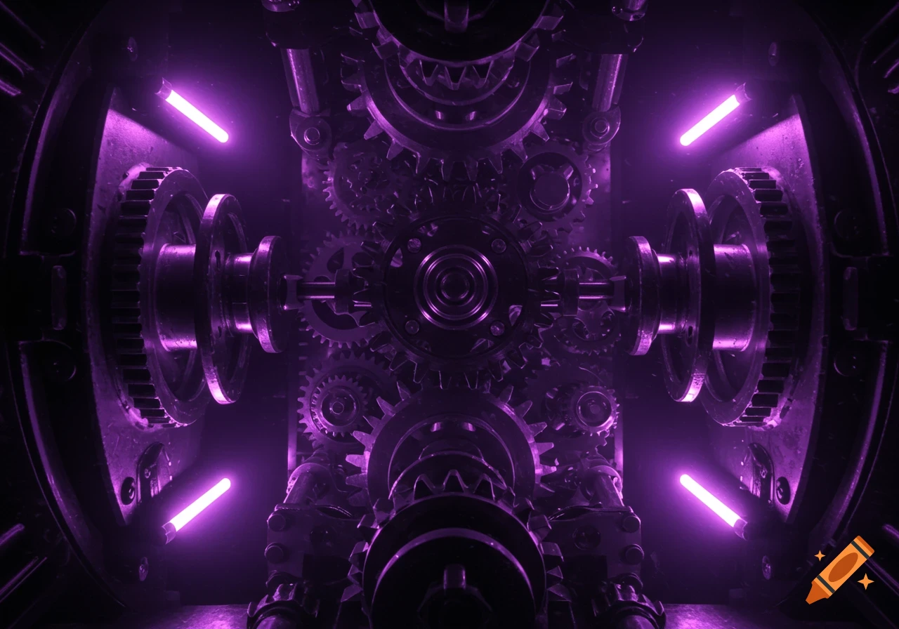 Close-up of intricate metal cogs and gears in an industrial setting, illuminated by bright purple neon lights.