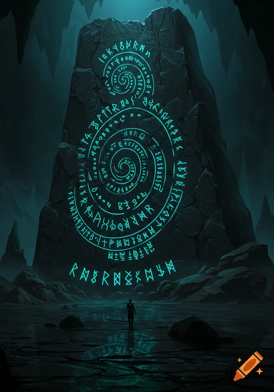 Silhouetted figure stands before a massive dark stone monolith covered in glowing teal runes, reflected in dark water in a cavern.