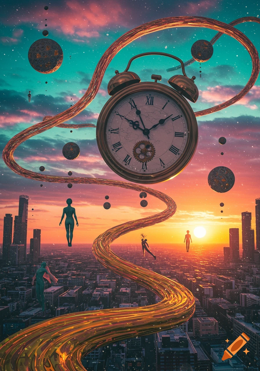 A surreal digital artwork depicts a giant alarm clock and floating figures amidst a golden ribbon, over a city at sunset with a starry sky.