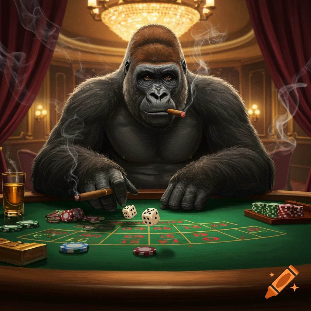 A photorealistic gorilla smokes a cigar, rolling dice on a craps table in a luxurious casino with red drapes and a grand chandelier.