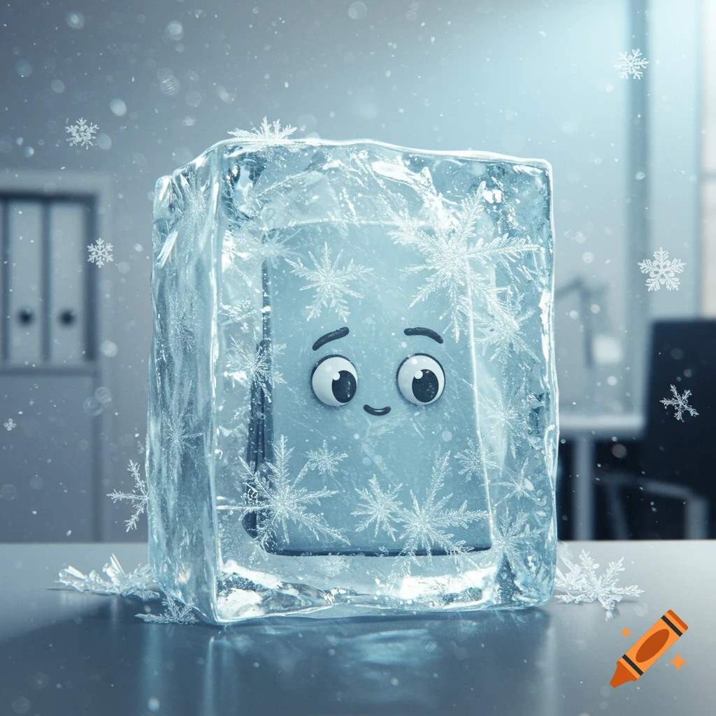 A sad-faced, anthropomorphic paperclip character, resembling Clippy, frozen inside a clear ice block on an office desk with falling snowflakes.