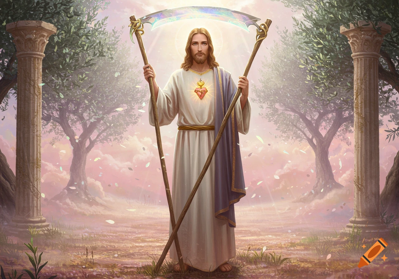 Jesus with a sacred heart, holding a large, shimmering scythe in an ethereal landscape with trees and ancient columns.