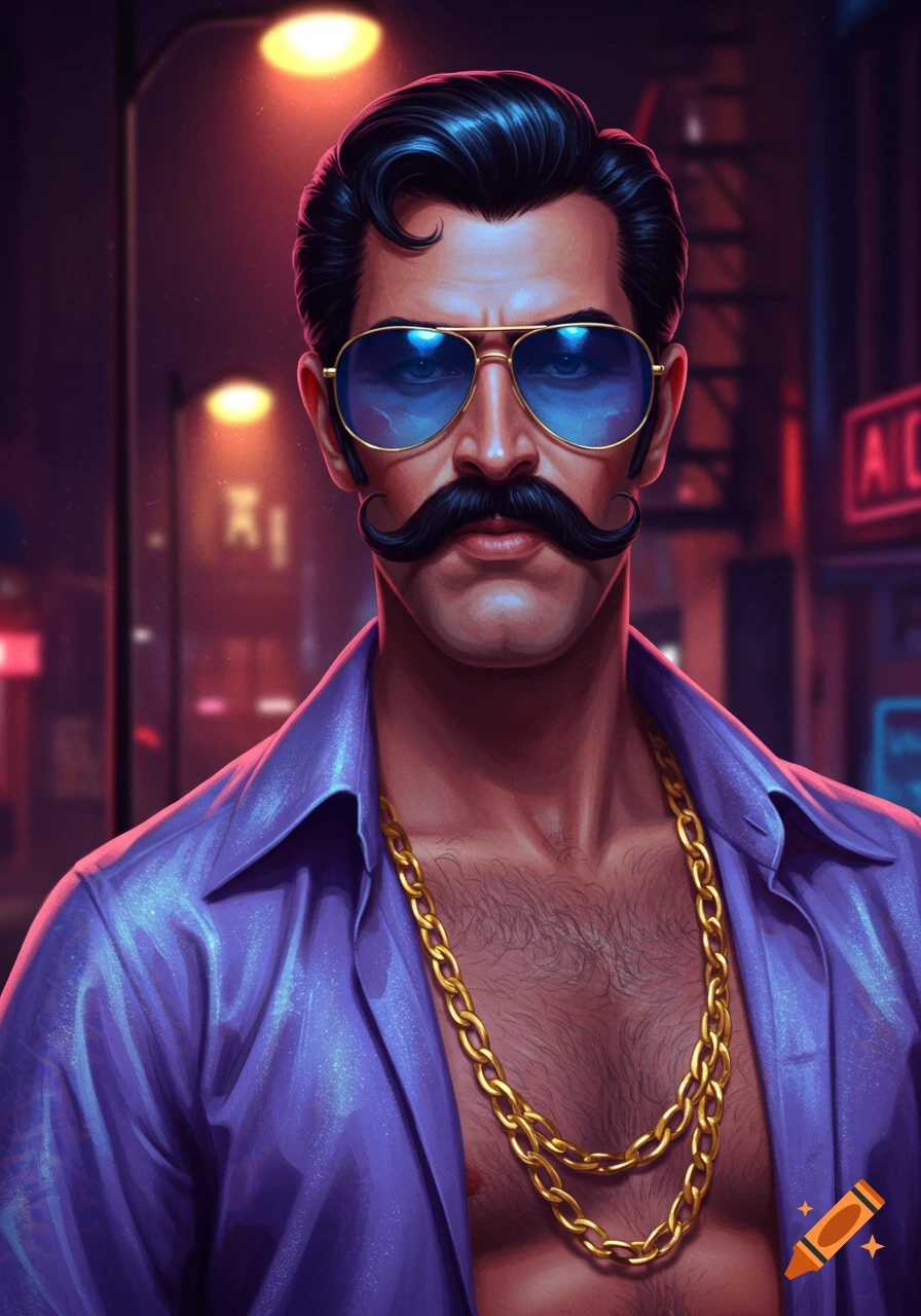 A man with slicked-back hair, a large mustache, blue aviator sunglasses, an open purple shirt, and gold chains, against a blurry neon city background.