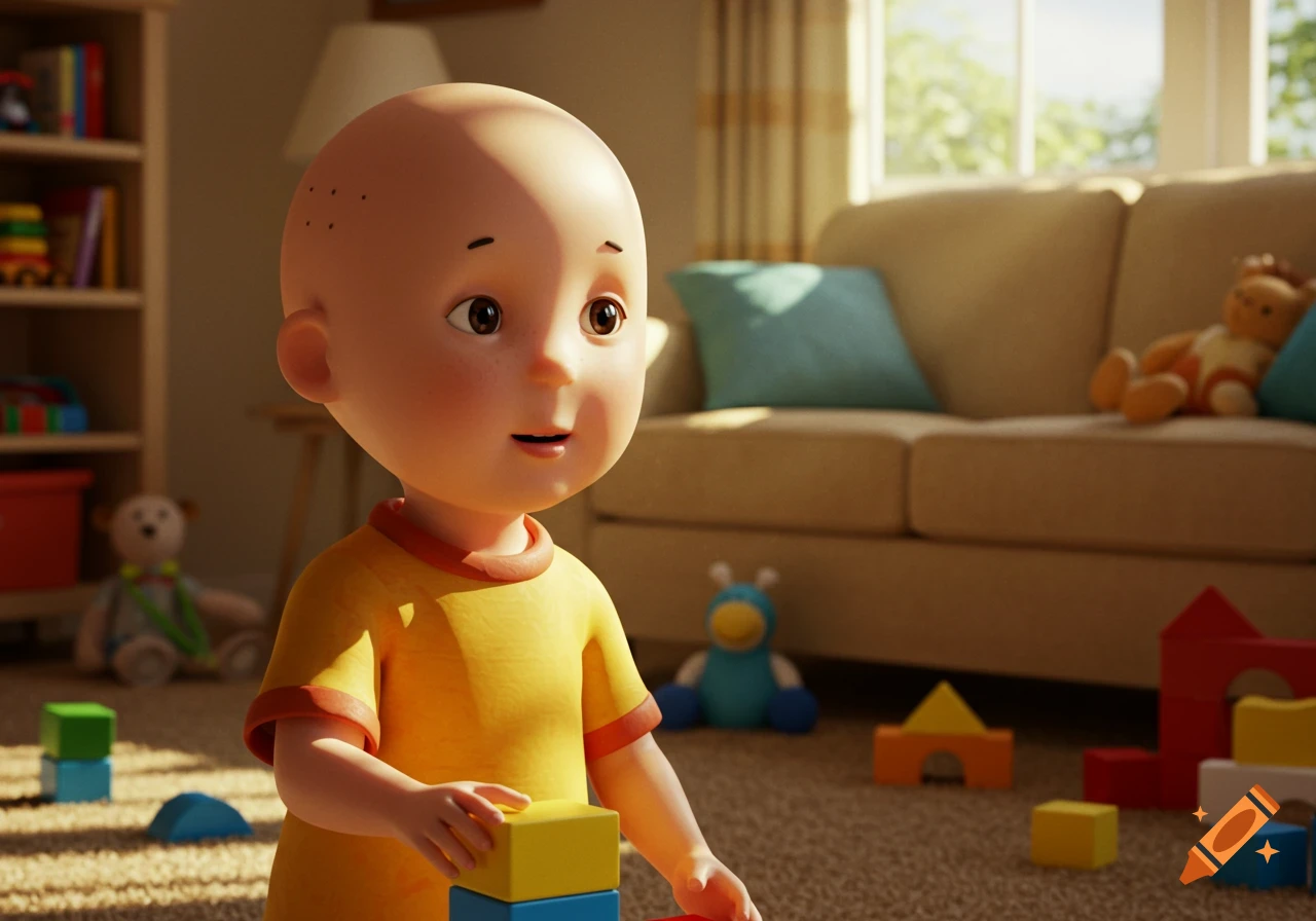 Realistic 3D render of Caillou, a bald child in a yellow shirt, playing with colorful blocks in a sunlit living room.