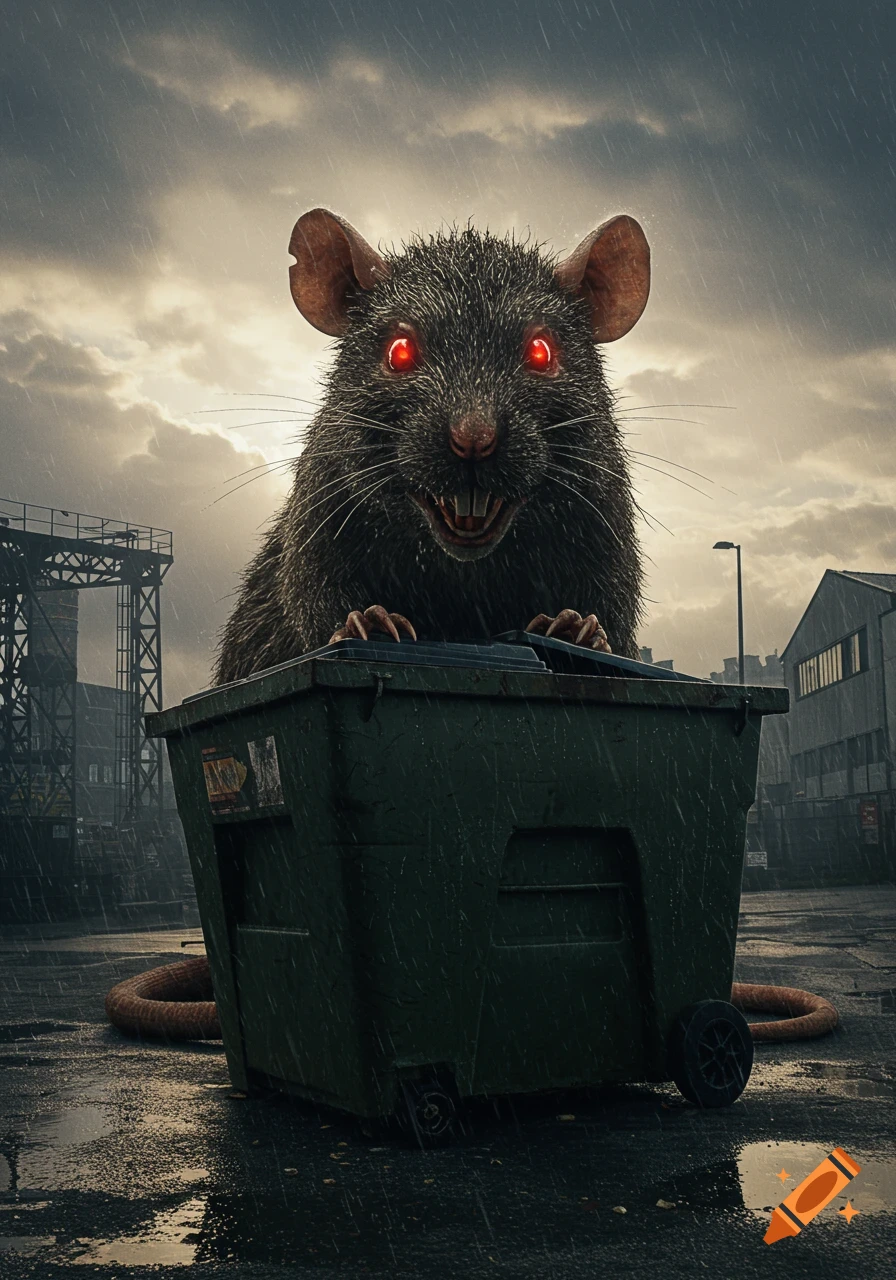 A colossal, angry rat with glowing red eyes towers over an urban setting, sitting inside a green industrial dumpster during a rainy day. It looks wet and greasy, with an industrial background under a cloudy sky.