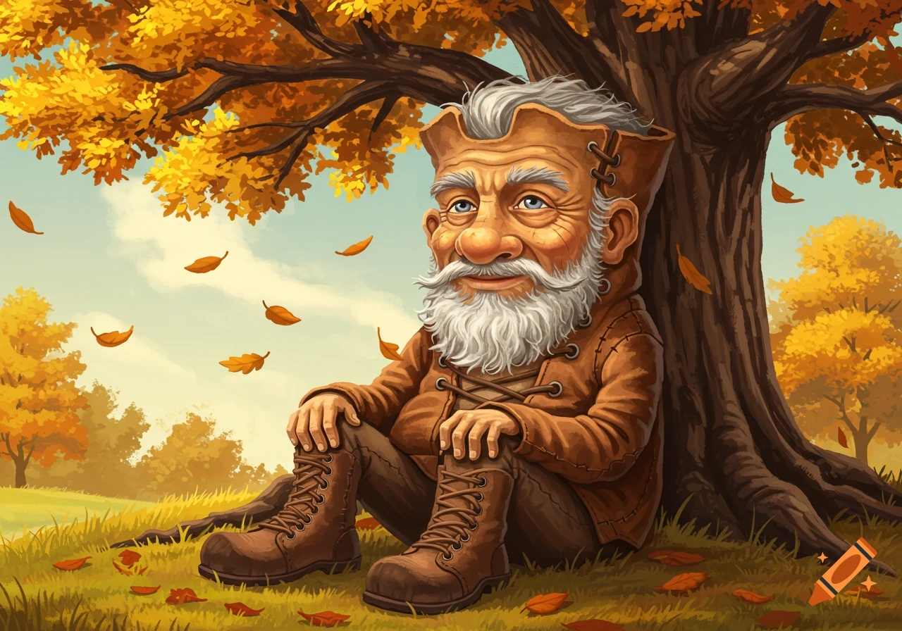 An old man, with a face like worn leather and a white beard, sits under a golden autumn tree, depicted in a rich illustration.
