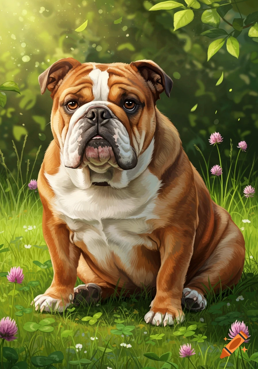 An English Bulldog with fox-colored fur sits in a vibrant, sunlit grassy field with pink clover flowers, digital art.