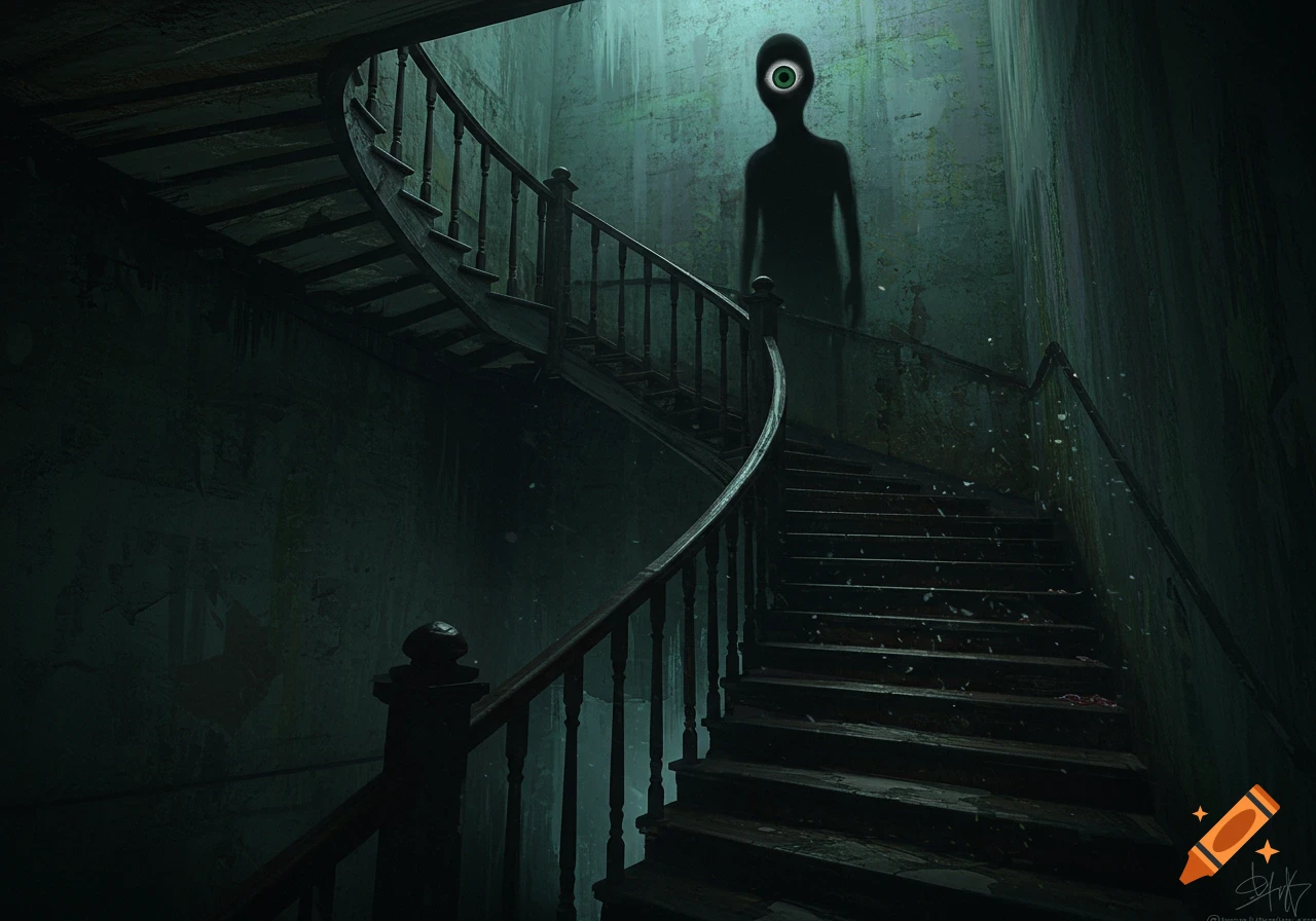 Shadowy, cyclopic figure with a green eye on a decaying spiral staircase in a dark, eerie, abandoned mansion.