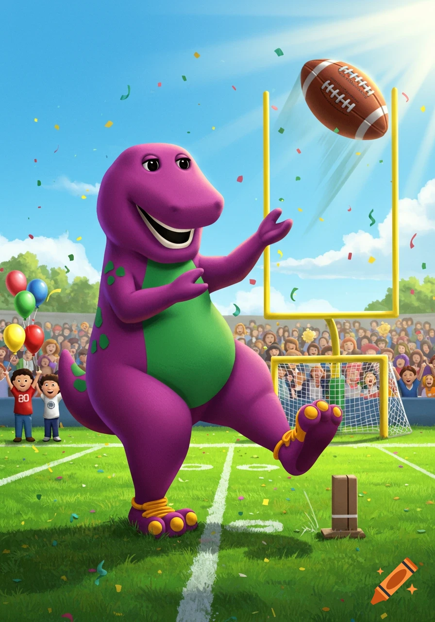 Purple dinosaur Barney kicking a football field goal in a sunny stadium with children and confetti.