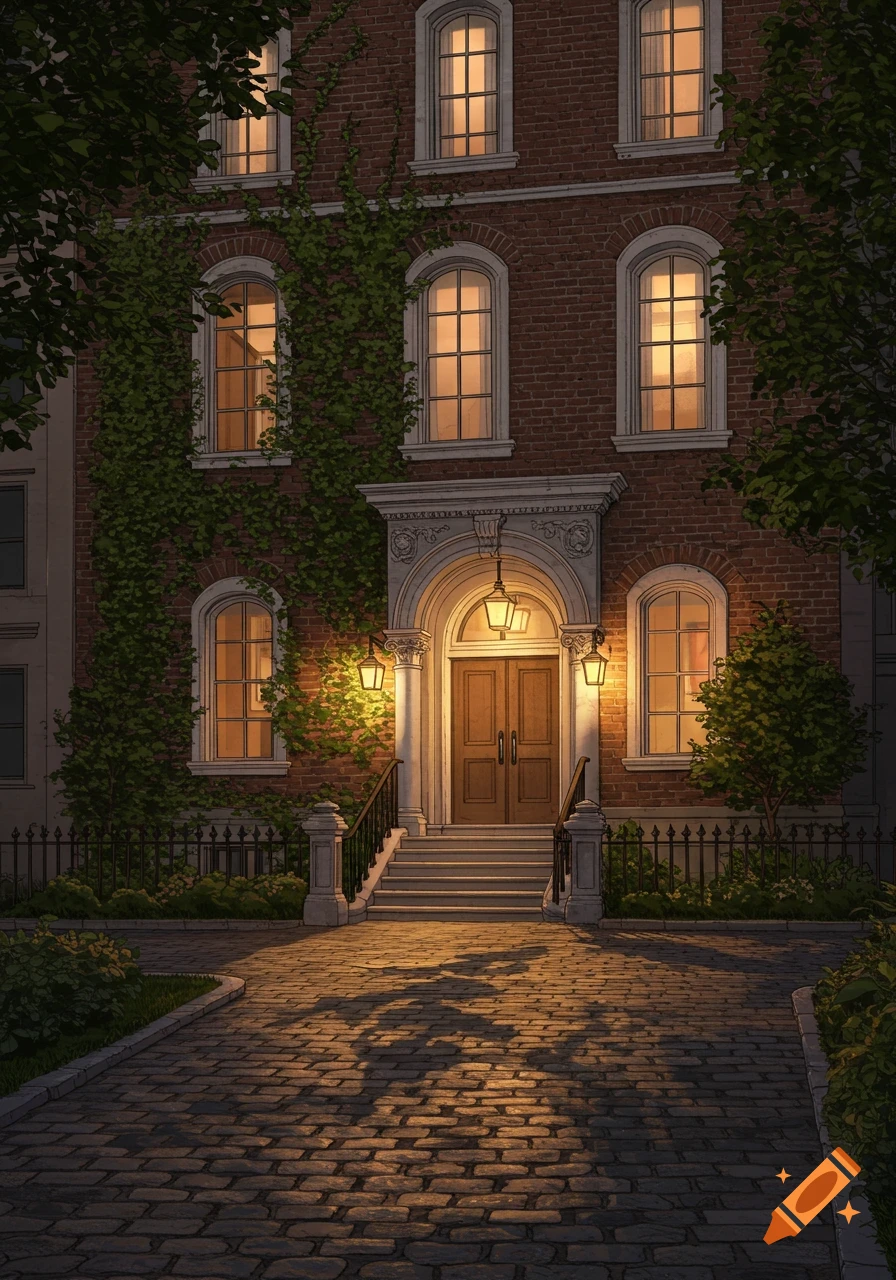 Detailed illustration of a brick building at night with lit windows, an ornate entrance, and ivy-covered walls, leading to a cobblestone path.