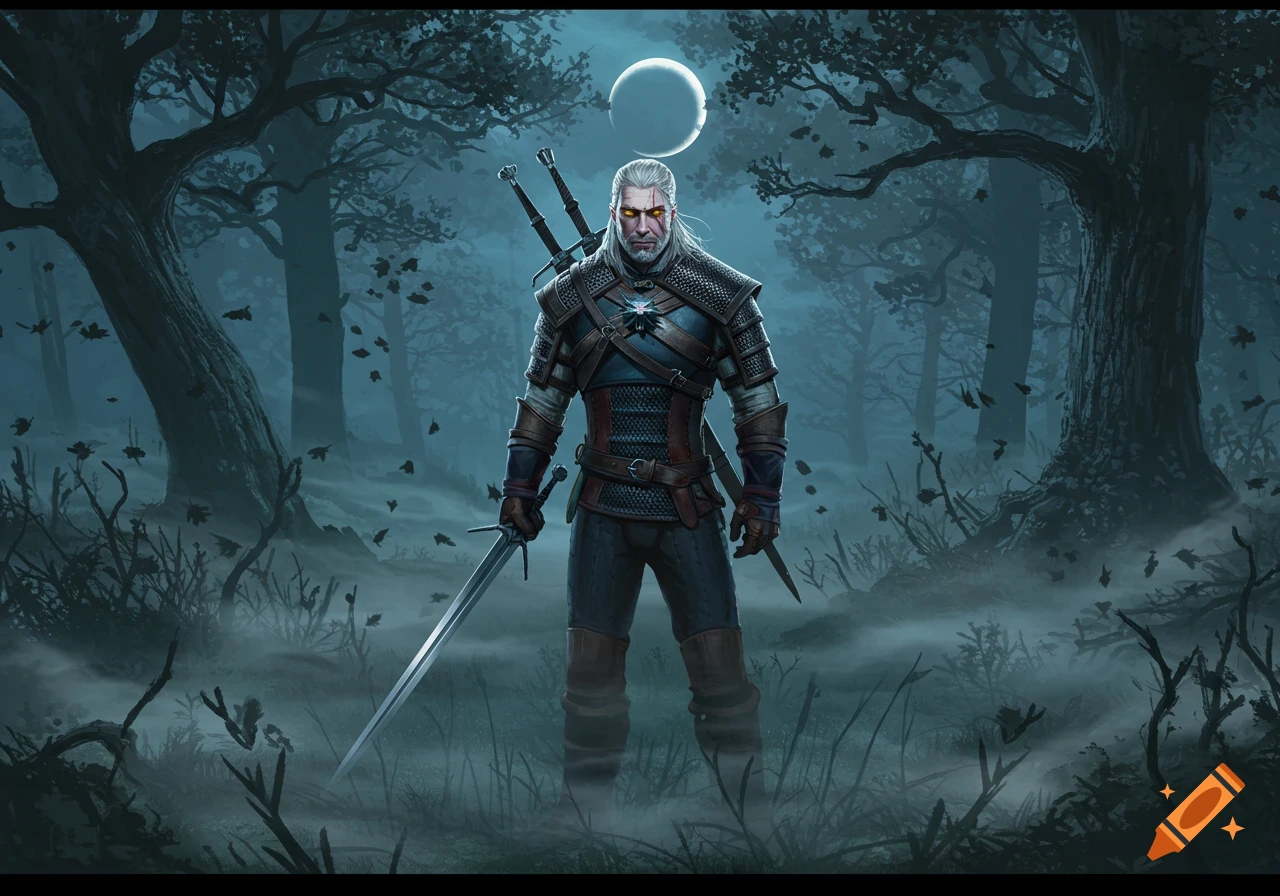 White-haired Geralt of Rivia, armored and holding a sword, stands in a dark, foggy forest under a crescent moon. Illustration.
