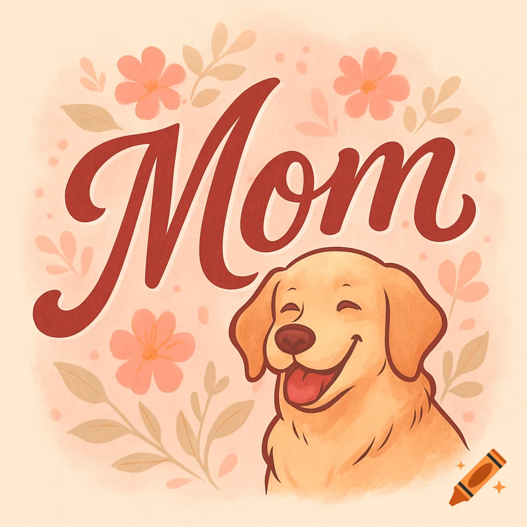 Watercolor illustration of a smiling golden retriever with the word 'Mom' and pink flowers on a light background.