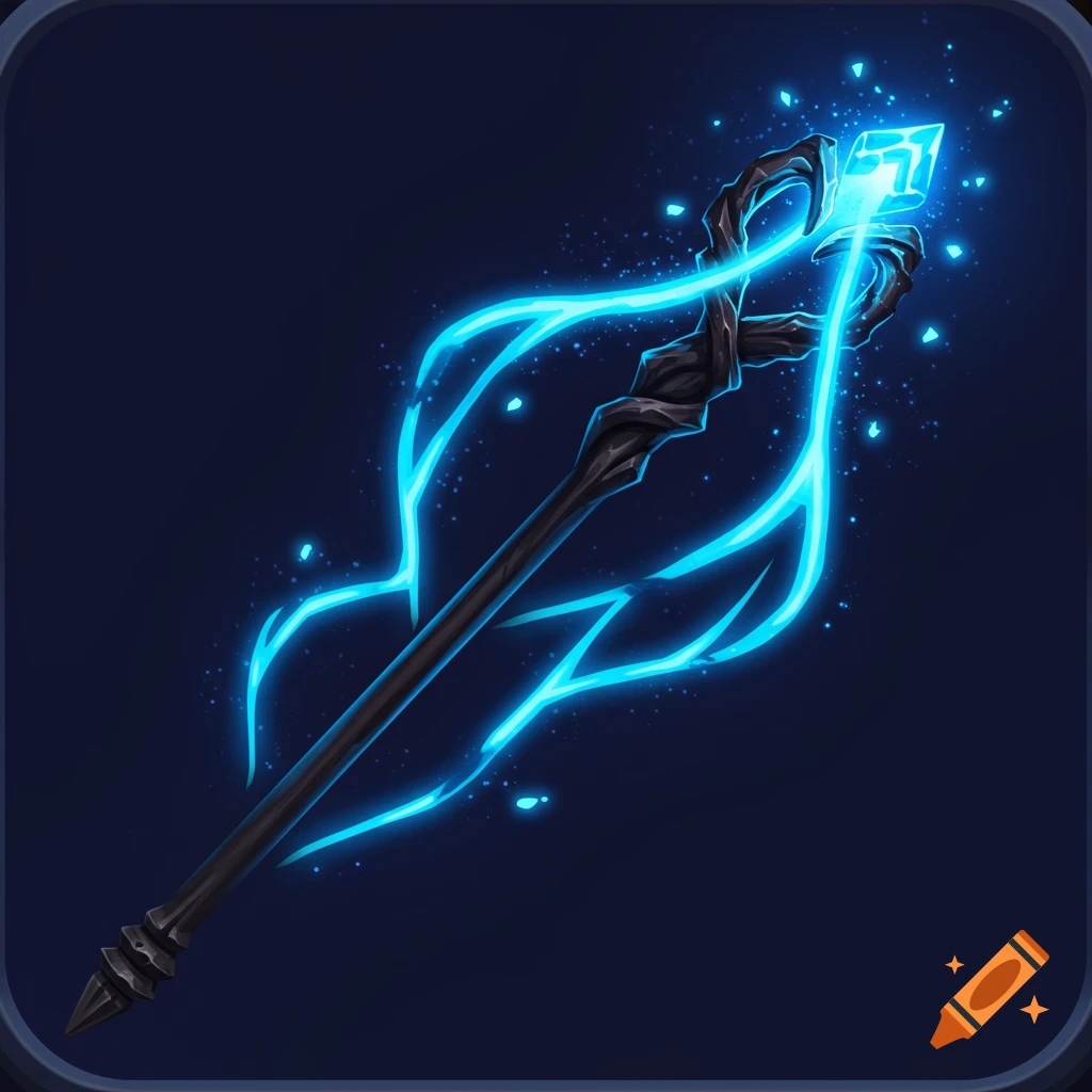 A dark, gnarled fantasy staff with a glowing blue crystal top and radiating blue energy, presented as a stylized icon.