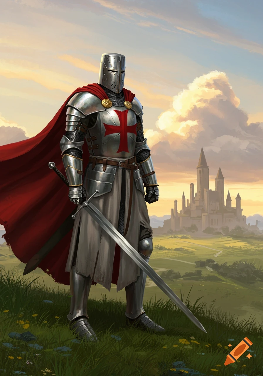 A crusader knight in silver armor with a red cross and cape, holding a sword in a green field with a castle under a sunset sky.