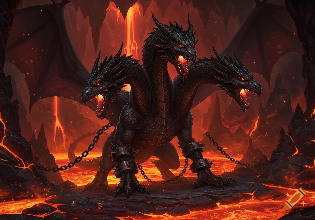 A three-headed black dragon, chained, in a fiery, lava-filled volcanic cavern with glowing red eyes and open, fiery mouths.