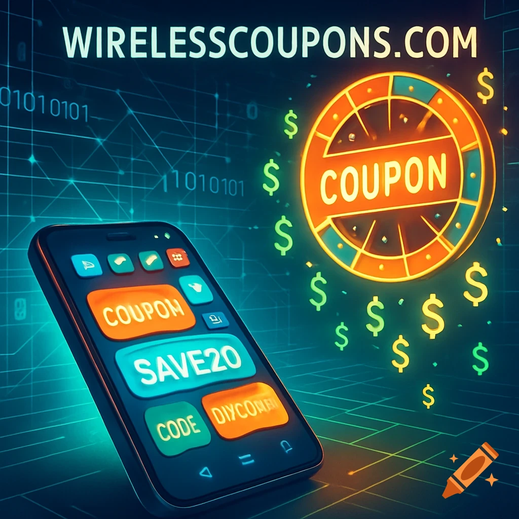 A smartphone displaying coupon codes, surrounded by dollar signs and a glowing 'coupon' wheel, against a digital background.