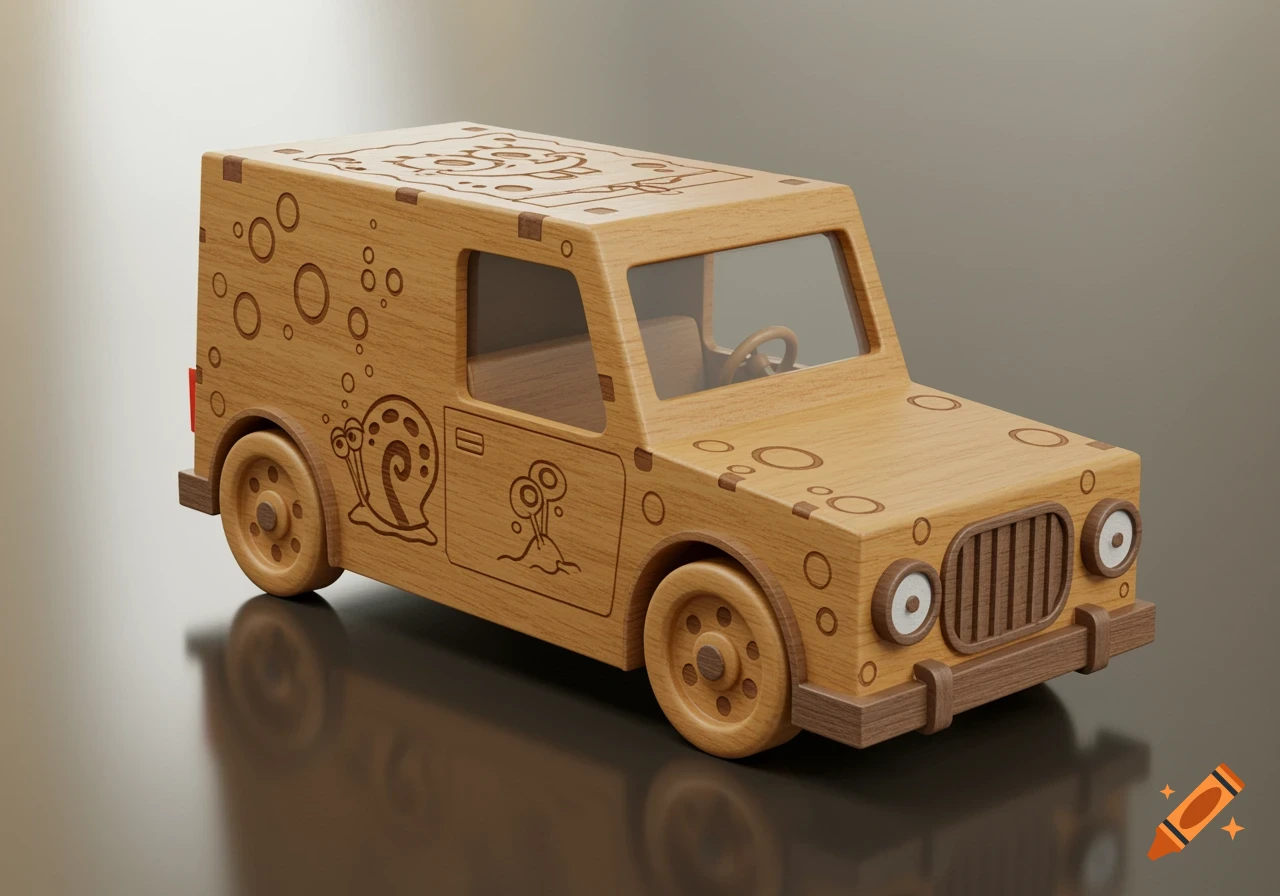 A 3D render of a wooden toy car with Spongebob SquarePants and Gary the Snail engravings.