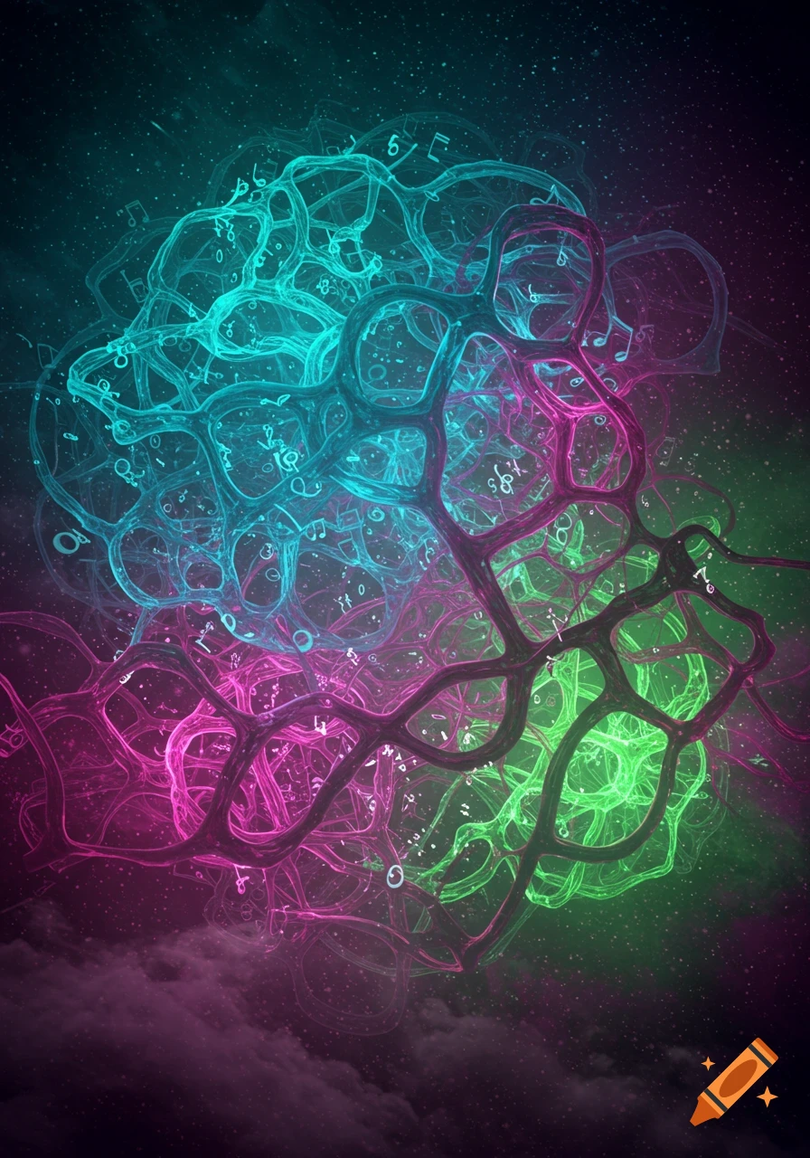 Vibrant neon abstract art featuring glowing cellular structures filled with musical notes and numbers against a cosmic starry background.