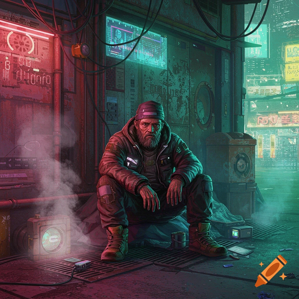 A bearded man crouches in a dark, neon-lit cyberpunk alley with glowing signs and steam. Detailed digital art.