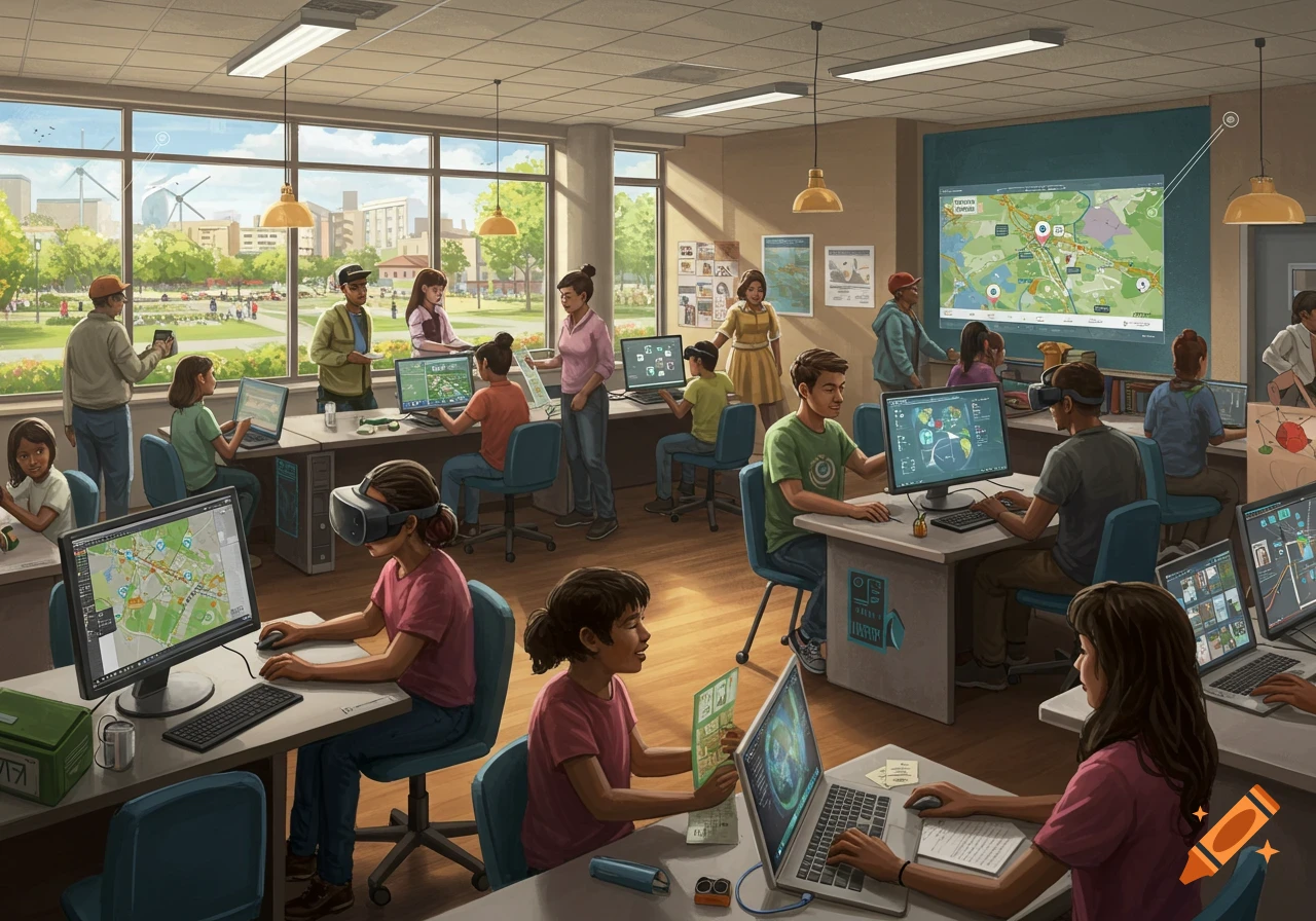 An illustration of a bright classroom with diverse students and adults using computers, laptops, and VR headsets. A large map is projected on the wall, and a park is visible outside the window.
