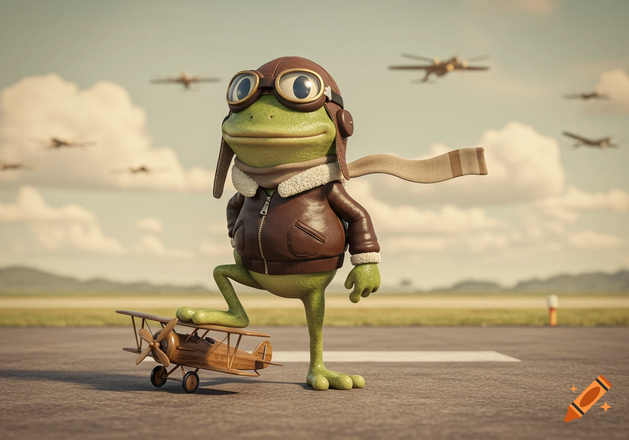 A retro cartoon frog pilot wearing a brown leather jacket and goggles stands on a runway with a small biplane, with blurred planes flying in the sky.