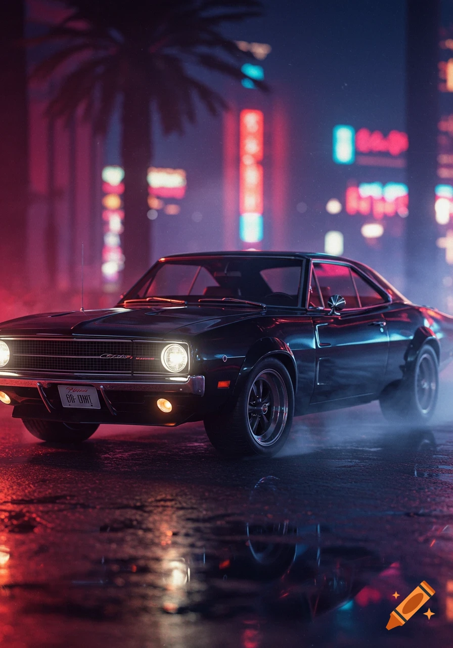 A black 1969 Dodge Charger on a wet city street at night, illuminated by neon lights reflecting on the ground, with palm trees.