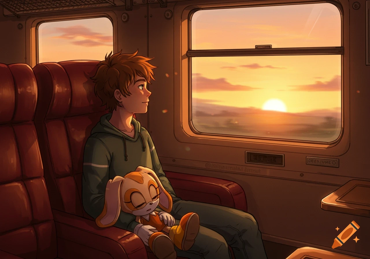 An anime-style illustration of a brown-haired boy on a train, looking out a window at a warm sunset. Cream the Rabbit from Sonic rests on his lap.