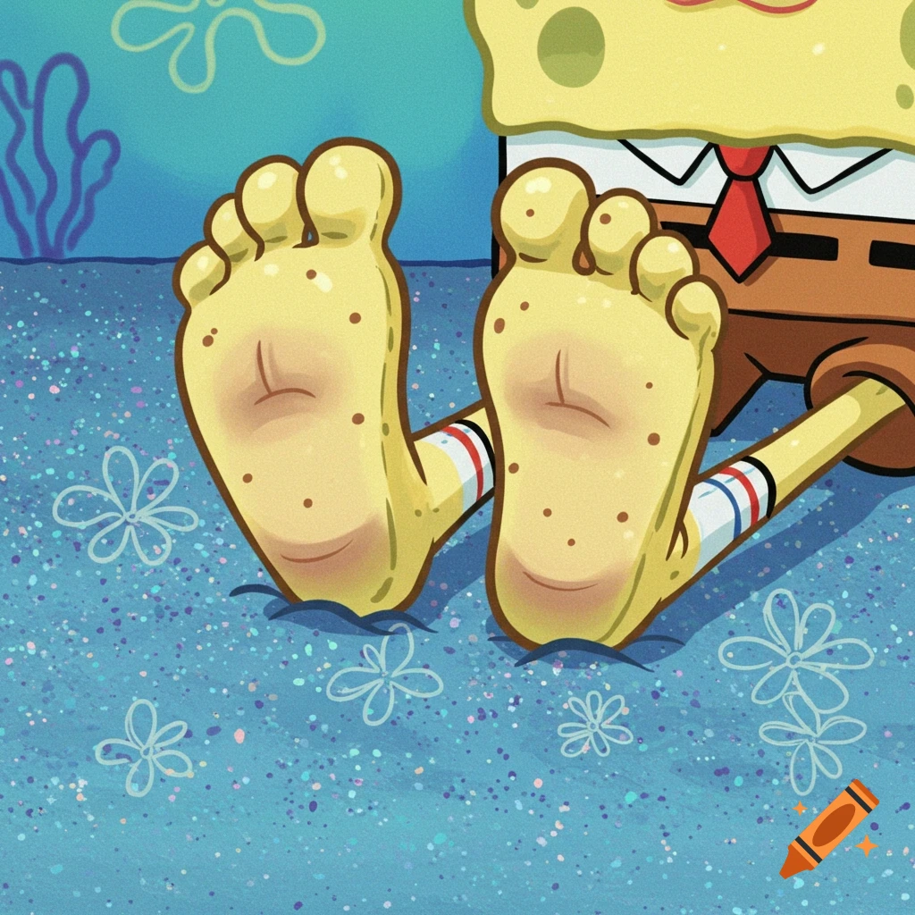 Cartoon Spongebob Squarepants' yellow bare feet with striped socks rest on a sparkling blue ocean floor with faint flowers.