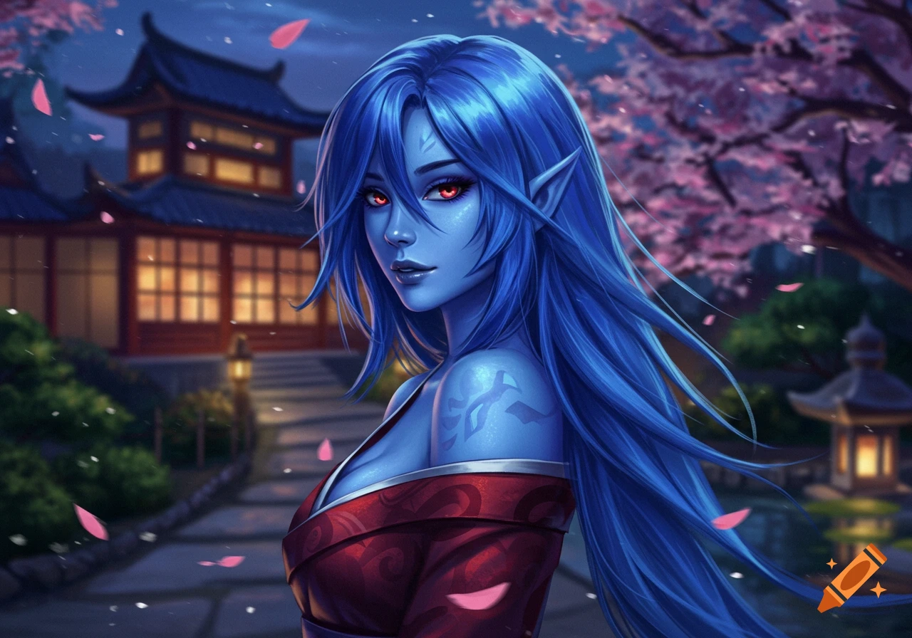 A blue-skinned woman with long indigo hair and red eyes in a red kimono stands in a Japanese garden with cherry blossoms.