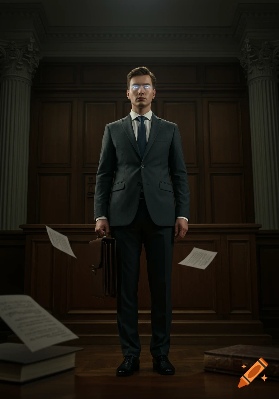 A photorealistic man in a suit with glowing eyes holds a briefcase in a dimly lit courtroom with floating papers and books.
