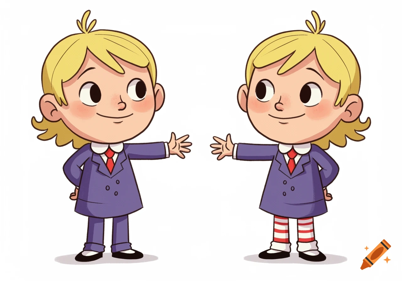 Two cartoon children with blonde hair, blue suits, and red ties, facing each other with outstretched arms.