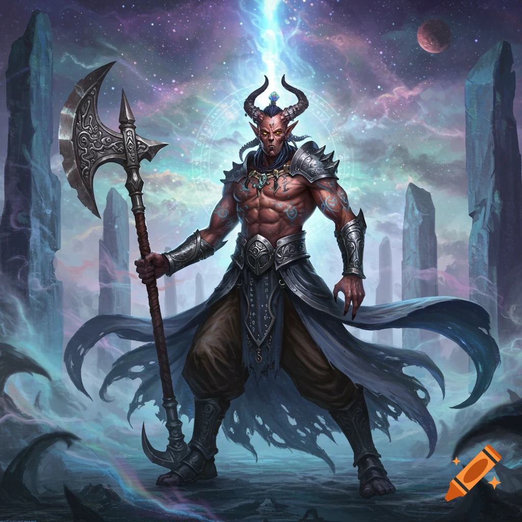 A detailed digital painting of a horned, red-skinned warrior with an axe standing in a cosmic landscape with monoliths and a glowing beam.