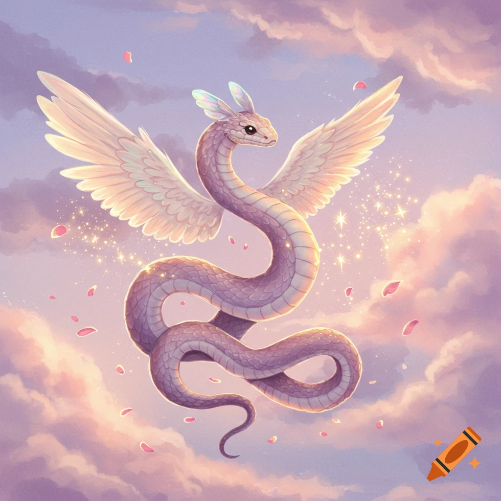 A cute, stylized purple winged snake with iridescent butterfly ears floats among pastel pink and purple clouds with sparkling magic and falling petals.