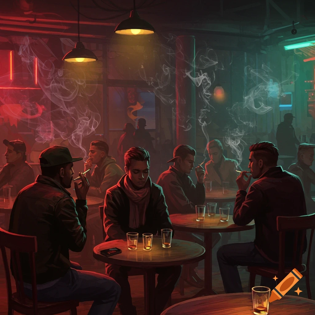 Digital art of men smoking and drinking at tables in a dimly lit, smoky bar with neon lights.