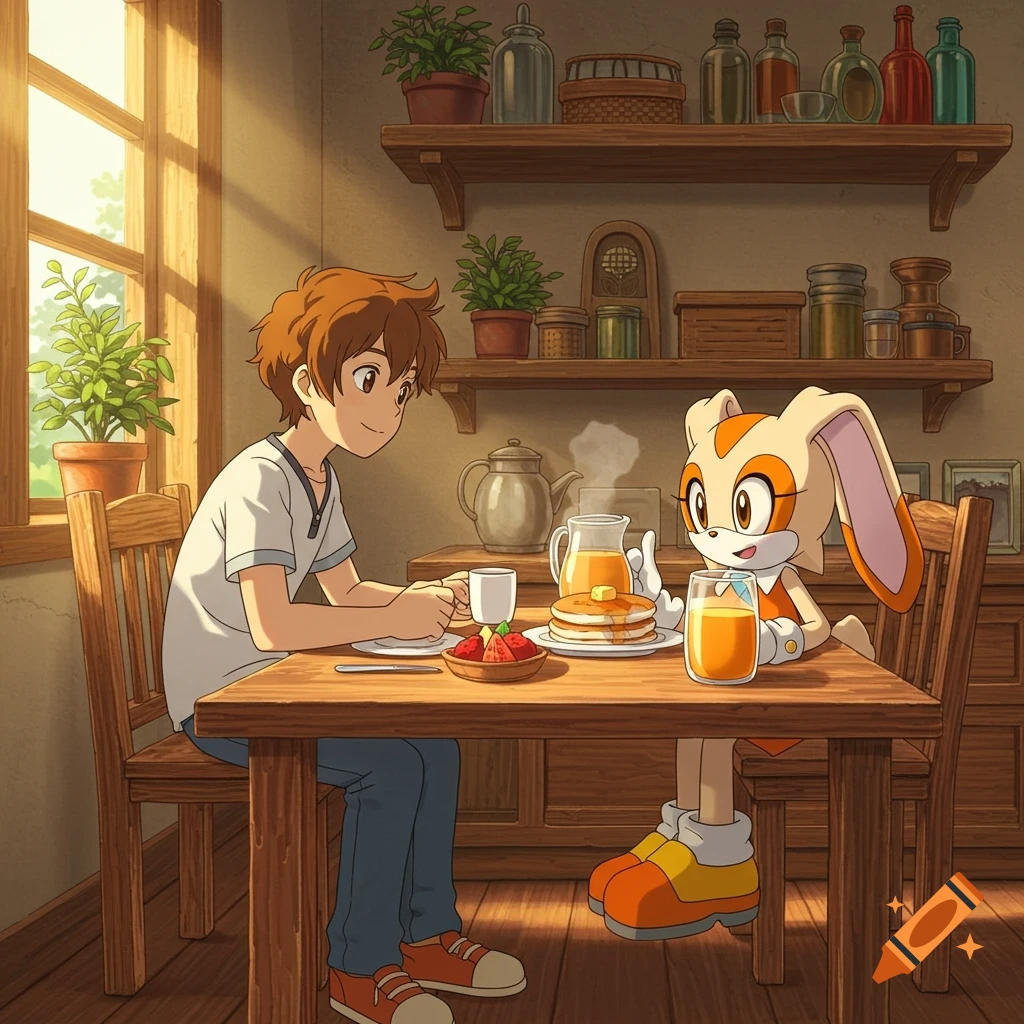 A teenage boy and Cream the Rabbit in Ghibli anime style, sitting at a wooden table and eating breakfast in a sunlit room.