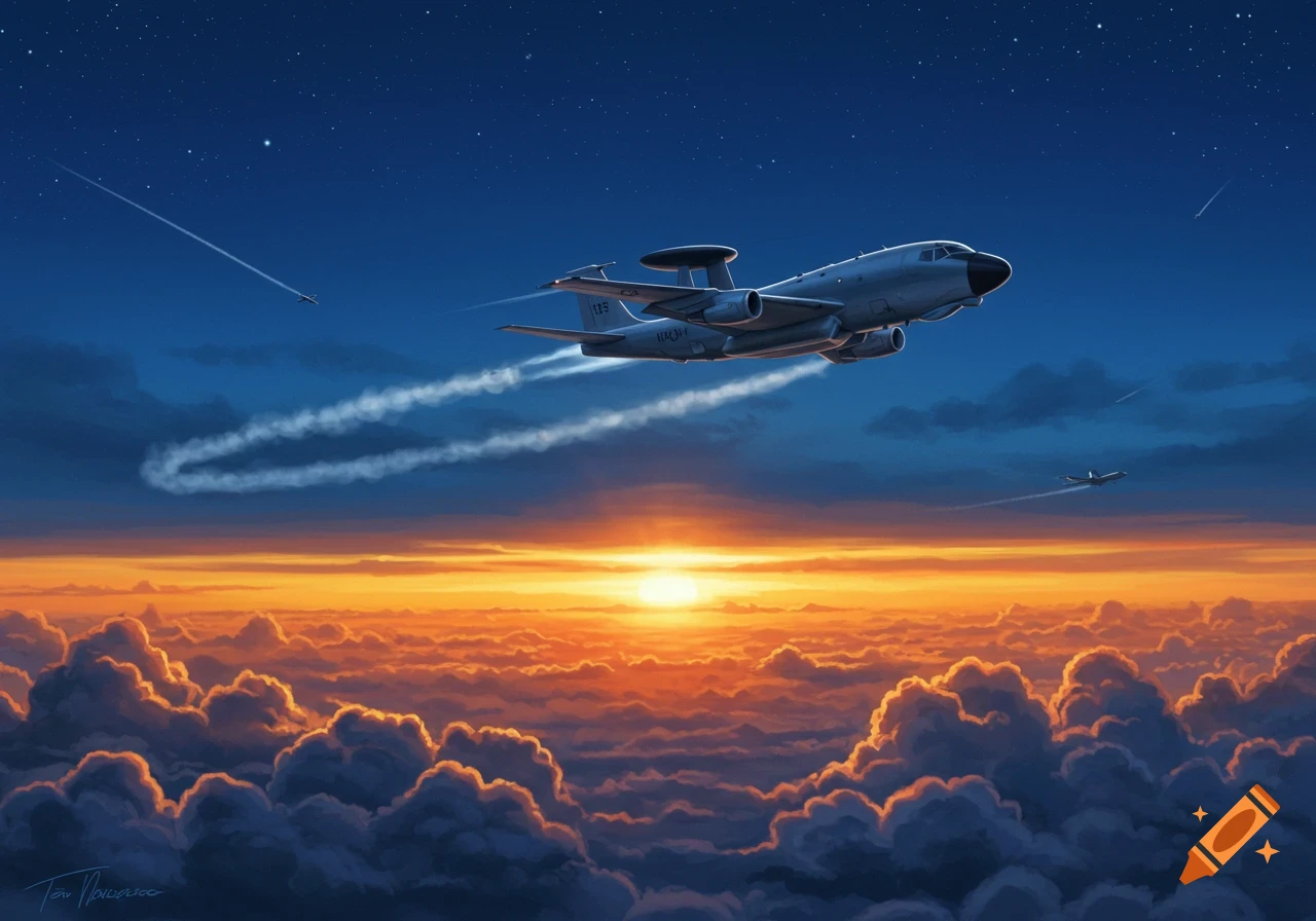 A large military E-3 Sentry type aircraft flying above a vibrant orange and blue cloudscape at sunset, with smaller jets and contrails. Digital art.