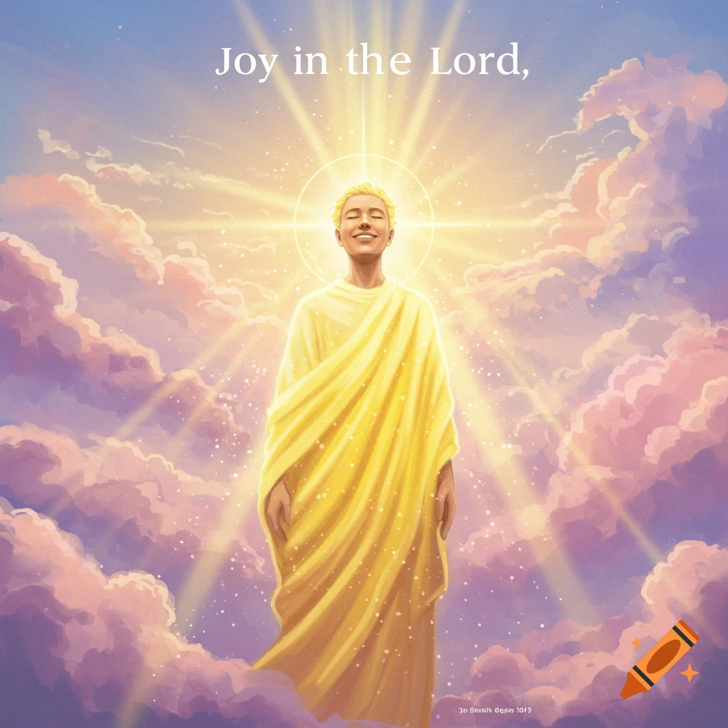 A radiant angelic figure with a halo, wearing a golden robe, smiles amidst glowing pink and purple clouds. Text reads: 'Joy in the Lord,'.