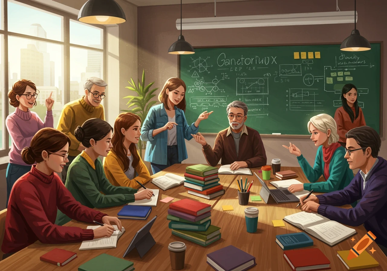 A diverse group of adult students, male and female, engage in a lively discussion around a large wooden table in a well-lit classroom with a blackboard and windows, in an illustrated style.