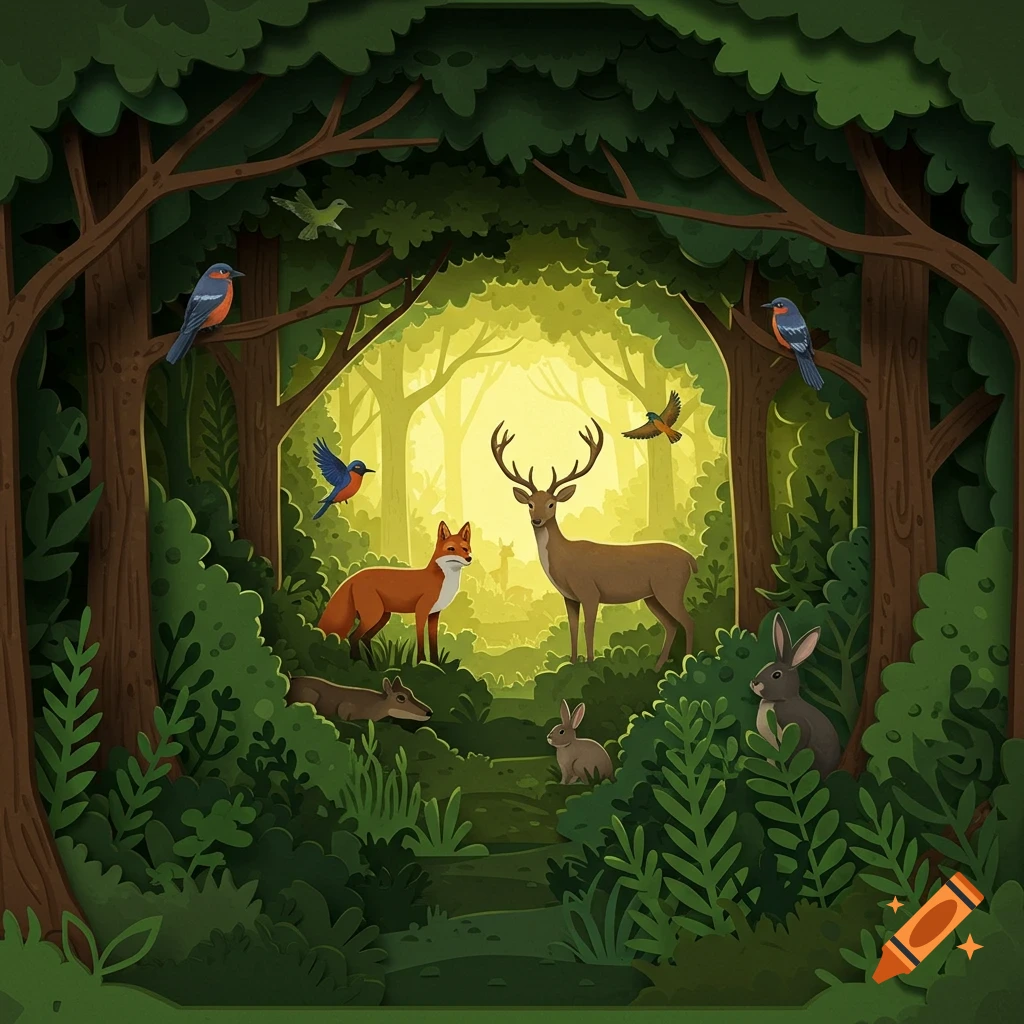 Layered paper-cut illustration of a lush forest clearing with a deer, fox, rabbits, and birds among trees and foliage.