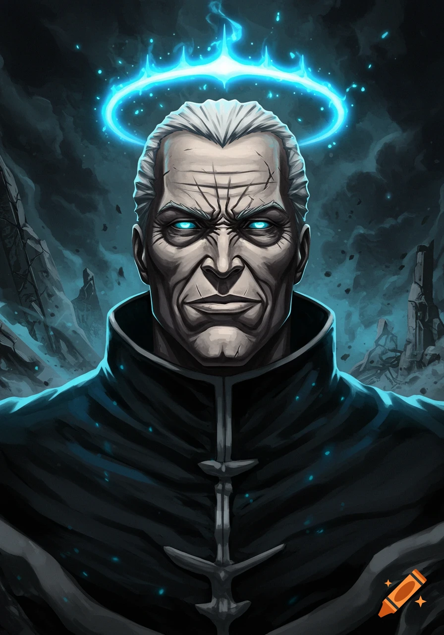 Stylized portrait of a powerful, stern man with white hair, glowing blue eyes, and a bright blue halo, against a dark, rocky background.