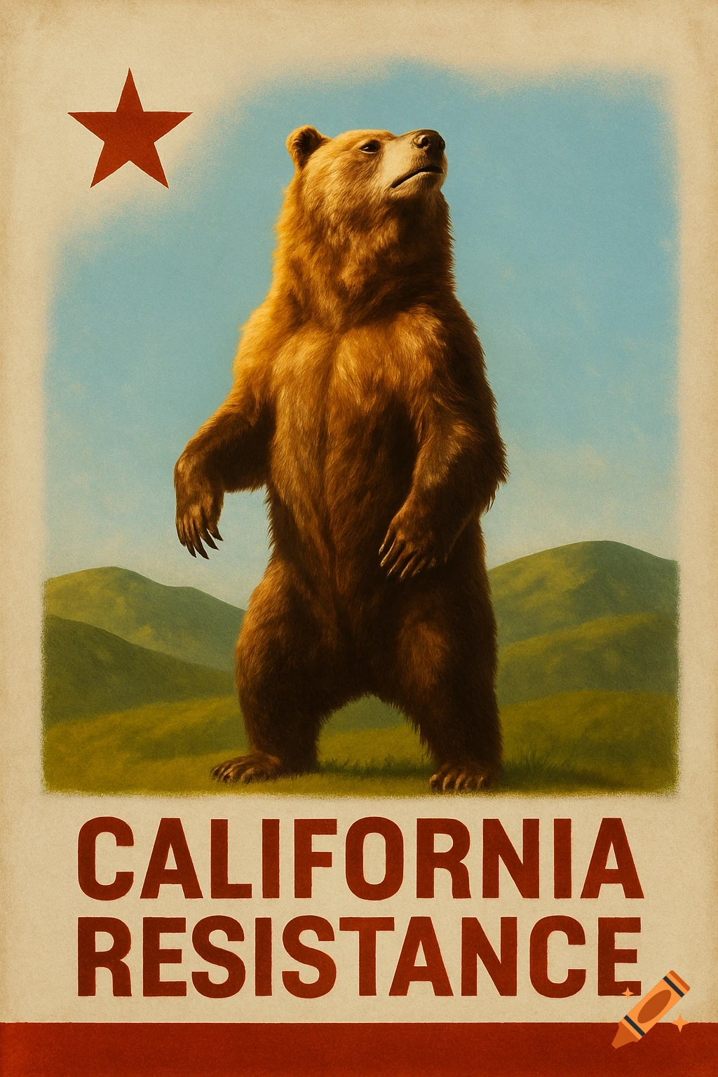 Vintage-style poster art of a brown grizzly bear standing upright, a red star in the sky, and 'CALIFORNIA RESISTANCE' text below, in a grassy landscape.