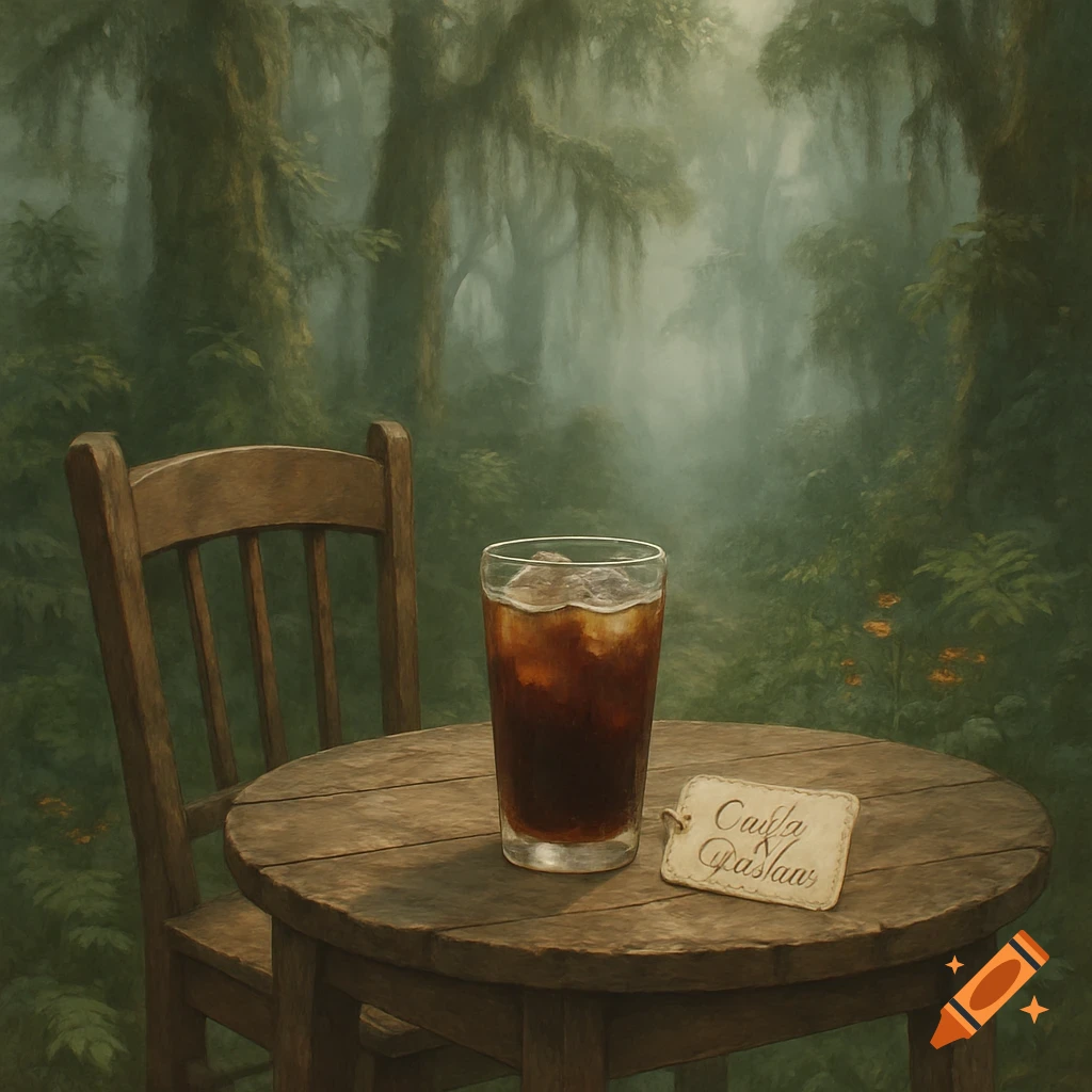 A glass of iced coffee on a rustic wooden table with a chair in a misty, moss-covered forest. A small tag rests on the table.