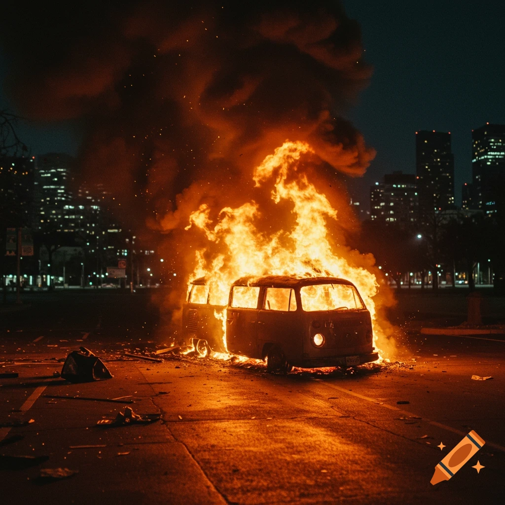 A vintage Volkswagen van ablaze on a dark urban street at night, with city lights in the background. Photorealistic style.