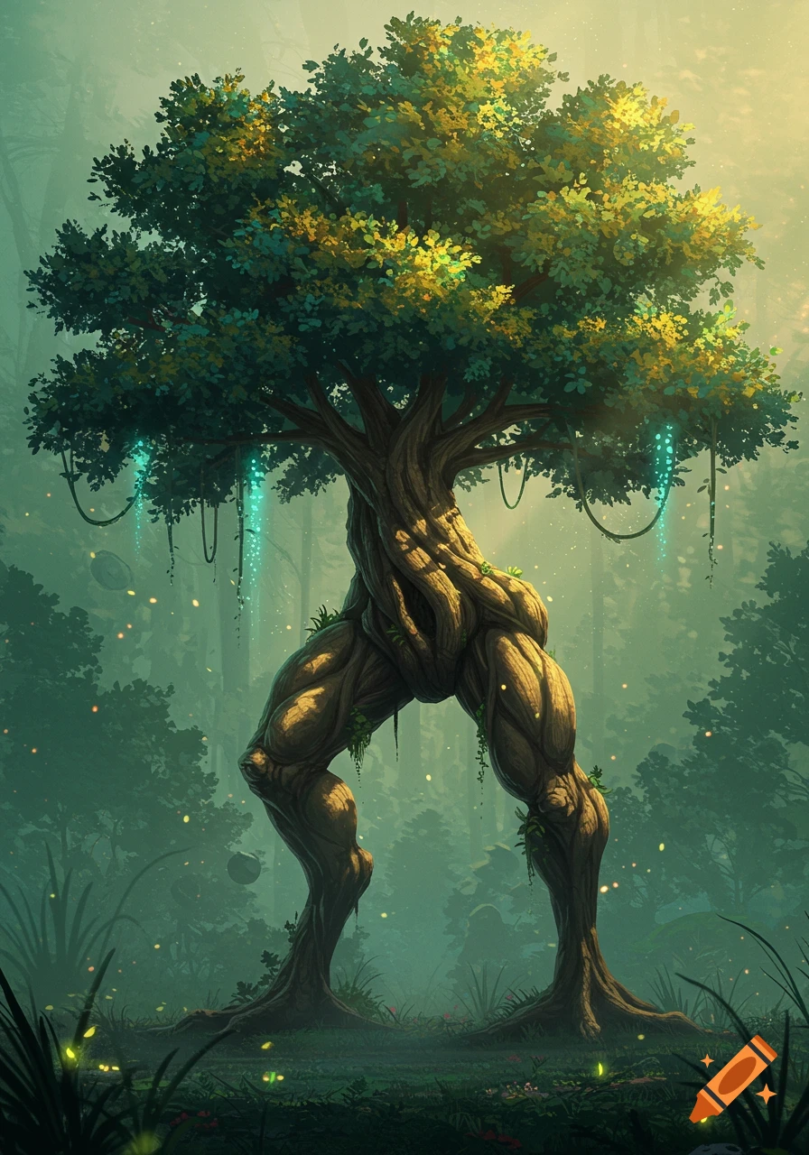 A mystical tree creature with muscular legs stands in a glowing, misty forest, rendered in a digital painting style.