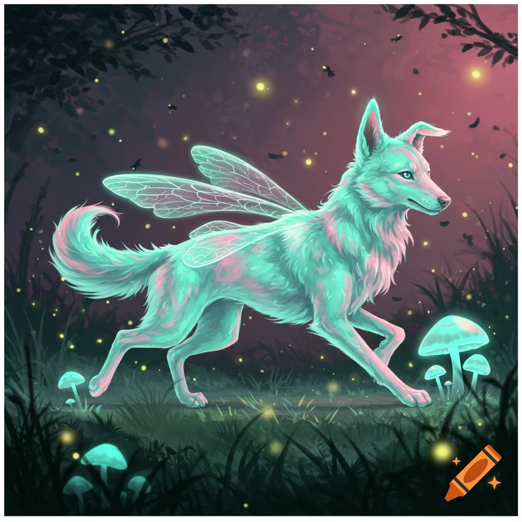 Ethereal turquoise dog with translucent wings runs through a dark, glowing fantasy forest with luminous mushrooms and fireflies.