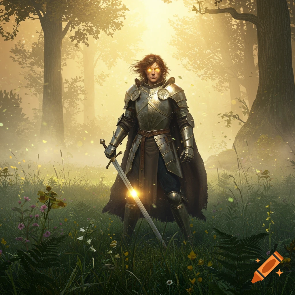 A knight with glowing eyes and sword stands in a magical, sunlit forest.