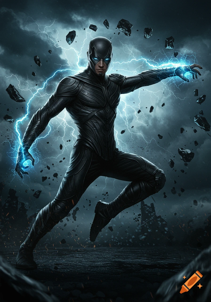 A dark-suited superhero with glowing blue eyes and lightning emanating from his hands, surrounded by floating rocks and a stormy sky.